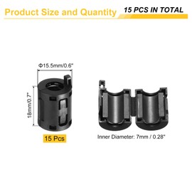 sourcing map 15Pcs Ferrite Filter Ring Core RFI EMI Noise Suppression Cable Clip ID 7mm for Electronic Devices, Industry, Black