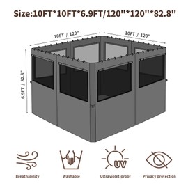 homegroove Gazebo Universal Replacement Privacy Curtain, 10'x10' Gazebo Curtains Outdoor Waterproof, 4-Panels Sidewall Curtains with Zipper and Mesh Windows for Backyard, Garden, Yard