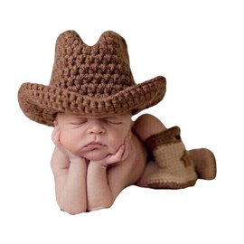 Vedory Newborn Boys Girls Baby Photo Shoot Props Outfits Crochet Clothes cowboy hat with Shoe Photography Props Costume (Light Brown)