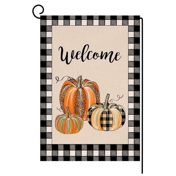 JIMOWANG Buffalo Check Fall Pumpkin Thanksgiving Burlap Burlap Garden Flag
