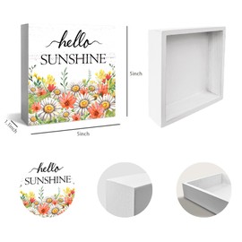 XDFVL Farmhouse Hello Sunshine flowers Wooden Box Sign, Spring Home decor, Living Room Bedroom Shelf Farmhouse Desk Decorations 5 x 5 Inches