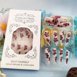 24Pcs 3D Flower Press on Nails Polk Dots Gel Glue on Acrylic Fake Nails Blood Flowers Press ons Fingernails Matte Pink Gradient Long Stiletto False Nail Pearls Stick on Nail for Holiday Manicure Art