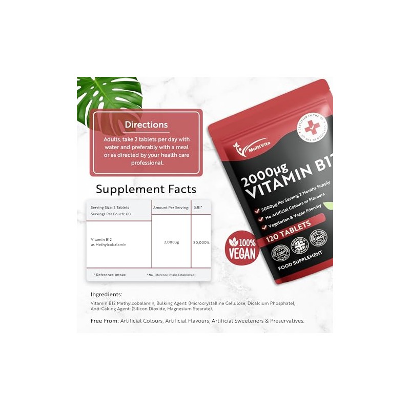 Vitamin B12 Tablets 2000mcg – High Strength Methylcobalamin Form –