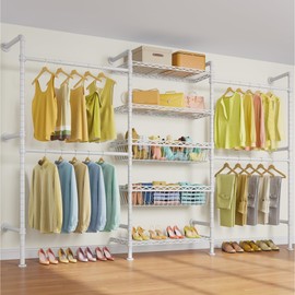 Timate X3i Garment Rack for Hanging Clothes Load 980lbs, Expandable Wall Mounted Closet System with Baskets Industrial Pipe Heavy Duty Clothes Rack Walk in Closet, Adjustable from 5'10" to 8'3", White