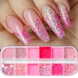 Pink Glitter Mermaid Nail Art Sequins 3D Flakes Laser Ombre Nail Glitter Design Shiny Glitters Powder Accessories for Women Girls Manicure DIY Nail Art Decorations