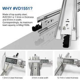 VADANIA 40" Heavy Duty Drawer Slide with Lock #VD1551, 150lb Load Capacity, 3-Fold Full Extension, Ball Bearing Lock-in & Lock-Out, Side Mount, 1-Pair