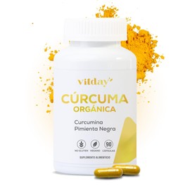 Vitday Vitagold - Cúrcuma Orgánica - 90 Cápsulas Vegetales - Curcumina Pimienta Negra - Suplemento Alimenticio 100% Natural - Sin Gluten y Sin OGM - Vegetariano