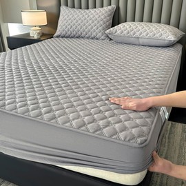 ZIQINPSQ Gingham Fitted Sheet King Size - 18" Deep Pocket Cotton Quilted, Non-Slip Skincare Bed Sheet,Dim Gray