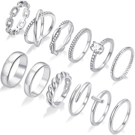 12 PCS Dainty 14K Gold Rings for Women Teen Girls, Open Chunky Twist Simulated Diamond Criss Cross Designs, Non Tarnish Gold Plated Stacking Thumb Ring, Perfect for Wedding Rings Size 5-11 (10, silver)