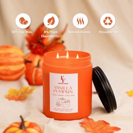 Large Fall Candle Vanilla Pumpkin Scented, 3-Wick 22oz Long Lasting Scented Candle, Natural Soy Wax Aromatherapy Candle for Home, Autumn Candle Gifts for Women Men