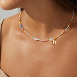 Turandoss Initial S Necklaces for Women - Trendy Colorful Beaded Artificial Pearl Choker Necklace -Summer Jewelry Birthday Gifts