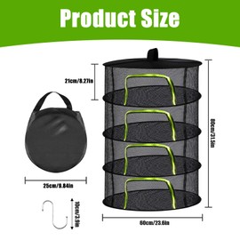 Baieye Herb Drying Net, 4-Layer Herb Net for Drying, Diameter 60 cm, Herb Dryer, Foldable with Fluorescent Zip and S-Hook, Mesh Drying Net for Plant, Meat, Flowers