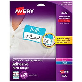 Avery Hello My Name Is Flexible Name Tags, Assorted Colors (Blue, Red, Gray and Teal), 120 Removable Name Badges (08722)