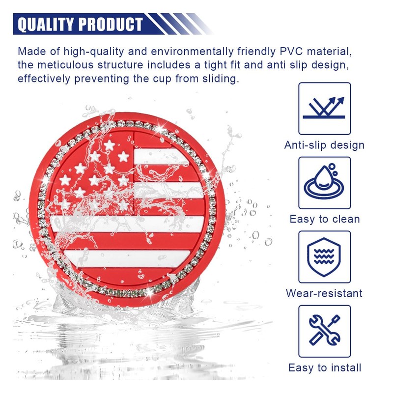 2PCS Bling Car Cup Holder Coasters, 2.74'' American Flag Anti