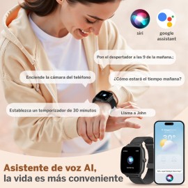 Reloj inteligente Mujer AITAFY SmartWatch Hombre Llamadas Bluetooth Asistente voz IA Notificaciones mensajes Resistente al agua IP68 Monitoreo salud 24h 100modos deportivos Calculadora Juegos 3Correas