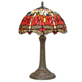 Blivuself Tiffany Lamp Dragonfly Style Stained Glass Red Lamp 12 inch Bedside Table Lamp Retro Metal Reading Lamps for Dorm Office Art Craft Antique Decor Accent Aesthetic Nightstand Light