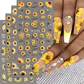 Sunflower Nail Art Stickers Decals 5D Embossed Sunflower Nail Stickers 3D Self Adhesive Nail Art Supplies Sunflower Bee Butterfly Manicure Decal Sliders for Women Spring Summer Nail Art Decorations