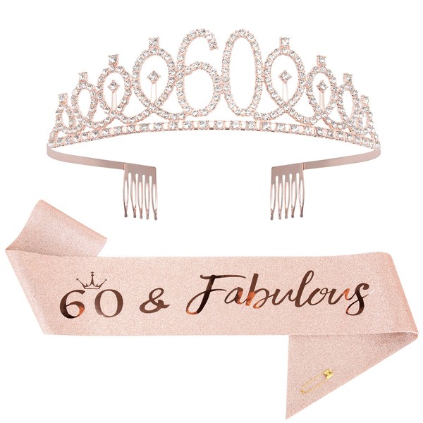 Mikccer Rose Gold 60th Birthday Sash and 60 Birthday Tiara, Rhinestone Crown Headband for 60th Birthday Gifts, 60th Birthday Decoration Party Accessories for Women