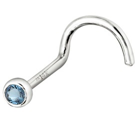 Solid 14K Gold Nose Screw Stud Bezel Set Aquamarine 22G Cork-screw Nose Stud - 14K White Gold / 14K Yellow Gold March Birthstone Nose Ring Stud, metal, aquamarine