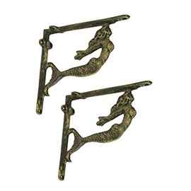Zeckos Set of 2 Brown Cast Iron Swimming Mermaid Metal Decorative Shelf Brackets - Coastal Decor Shelves Mounting Accent - 7.375 Inches Long - Nautical Inspired