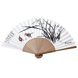 Korean Traditional Bamboo Hanji Hand Fan + Paper Gift Case Folding Collapsible Large (Orchid)