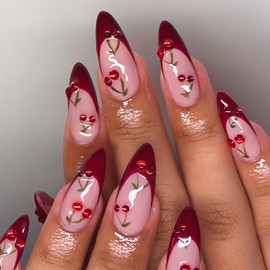 Red French Tip Press on Nails Medium Almond Fake Nails with Cherry Design Glossy Acrylic Nails Cute Glue on Nails Full Cover False Nails Artificial Nails for Women 24Pcs