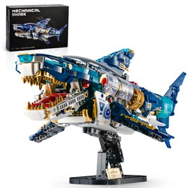 BNG Mechanical Shark Building Sets for Adult, Ocean Animal Building Block with Display Stand and Light, Sea Fish Collection STEM Toy, Home Office Decor and Idea Gift for Teen Boys 8+ (1277PCS)
