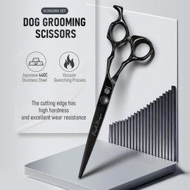 Purple Dragon Dog Grooming Scissors Set - Thinning, Straight, Up & Down Curved Scissors and Comb, 7 Inch Black Shears with Adjustable Screw for Dogs and Cats
