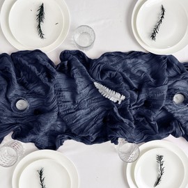 Time to Sparkle Cheesecloth Table Runner 90X400CM Vintage Gauze Romantic Table Runner for Wedding Bridal Shower Birthday Party Table Decor Navy Blue