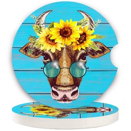 Car Coasters Pack of 2, Fun Sunflower Cow Design Absorb Condensation for Protect The Car Cup Holder and Keep Your car Clean, Small 2.56" Diameter, Easy Removal of Auto Cupholder（Blue Cow）