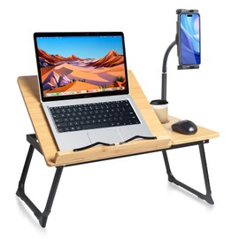 Laptop Desk in Bed, wishacc Adjustable Bamboo Lap Desk Table with Gooseneck Tablet Holder Mount for Laptop,Tablet,Phone,Book Reading