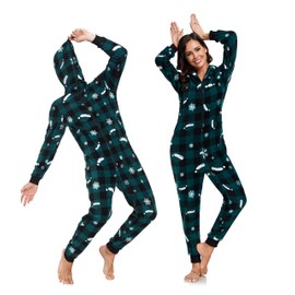COLORFULLE Christmas Onesie for Couples Fleece Jumpsuit Full Zip Pajamas Long Sleeve with Pockets, green plaid christmas womens