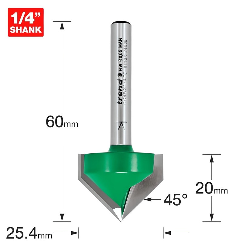 Trend C045X1/4TC Chamfer V Groove Cutter Angle=45 Degrees, Silver