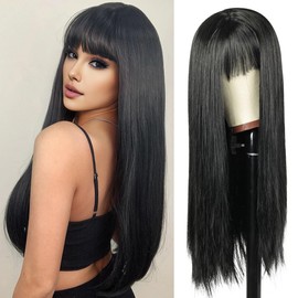 QUEENTAS Long Wigs for Women Long Black Straight Wig with Bangs Natural Synthetic Hair Wigs