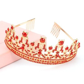 FASOTY Gold Tiara Red Crystal Crown with Combs Elegant Princess Tiaras and Crowns for Women Girls Rhinestone Headband for Bride Bridal Wedding Birthday Party Prom