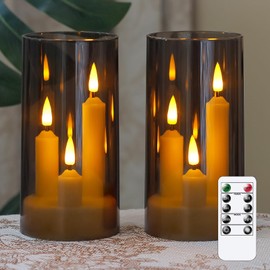 Zevanor 3 in 1 Flameless Taper Short Candles with 10 Key Remote Control and Timer, Battery Operated Pack of 2 LED Acrylic 3" x6" Grey Pillar Flickering Warm Light