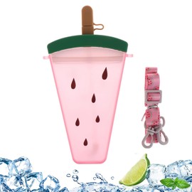 YFEIQI Cute Watermelon Slice Shape Water Bottles, 320ml Plastic Drinking Bottles with Straw and Adjustable Shoulder Strap, Portable Leakproof Water Cup for Outdoors Sports Camping Travel