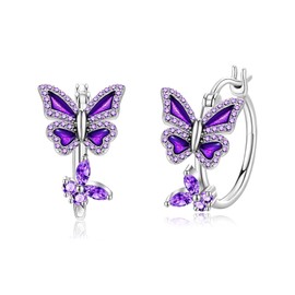 Purple Butterfly Earrings 925 Sterling Silver Hoop Earrings Mother's Day Jewellery for Women Mothers, Sterling Silver, No Gemstone