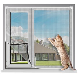 Magnetic Window Screen Adjustable DIY Window Net Max 47” x 51” Fiberglass Screens Mesh for House Windows with White Frames Grey Mesh