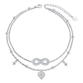Infinity Heart Anklet 925 Sterling Silver Foot Boho Beach Double Layer Layered Ankle Bracelet Jewelry for Women 10 inch
