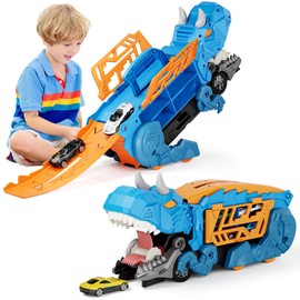 SHAWE Dinosaur Transporter Truck Toys for Boys Age 3-8, Foldable Sliding Race Track Toy with 6 Racing Cars, Swallowing Action, Transformable Carrier Truck Car Toy Gifts for Kids 3 4 5 6 Years Old