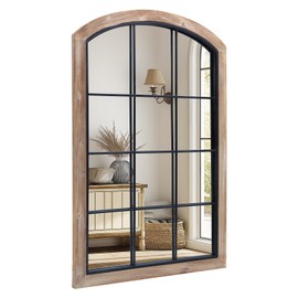 IPOUF Farmhouse Arch Wood Window Mirror, 24X36 Decorative Arch Wall Mirror, Wood Framed Rustic Mirror Metal Inner Frame Mirror Wall Decor for Entryway & Living Room,Natural