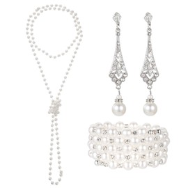 3 Pcs 1920s Pearl Jewelry Set Including Long Pearl Necklace Vintage Flapper Earrings Multilayer Pearl Bracelet Multilayer Imitation Pearl Necklace Bracelet Flapper Accessories for Women Christmas