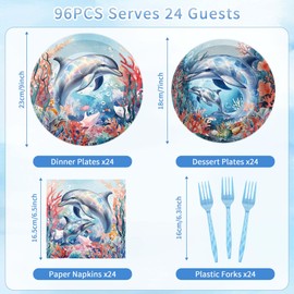 96 Pcs Ocean Themed Party Decorations, Dolphin Birthday Party Supplies Tableware Set for 24 Guests with Plates Napkins Forks, for Kids Birthday Baby Shower Ocean Adventure Theme Party