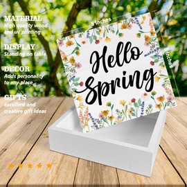 Spring Decor Rustic Hello Spring Flowers Wood Block Sign Farmhouse Home Decorations Living Room Shelf Desk Decor 5 x 5 Inches