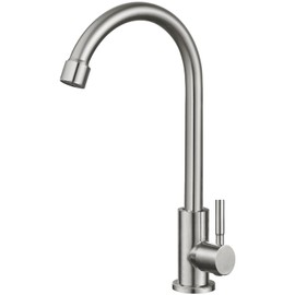 Heyalan Kitchen Faucet Cold Water Only 1 Hole Single Handle 360 Degree Swivel Spout Deck Mount High Arc SUS304 Sink Bar Tap Goose Neck with Hose and Longer Thread Pipe,Brushed Nickel