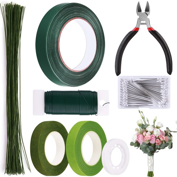 GLAMFIELDS Floral Arrangement Kit with Floral Tape, 26 Gauge Floral Stem Wire, 22 Gauge Floral Wire, Cutter, Boutonniere Flower pin for Bouquet Stem Wrapping, Floral Crafts and Wedding Bridal Bouquets