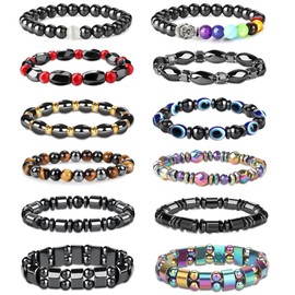 Adramata 12Pcs Magnetic Hematite Bracelets for Men Women Magnetic Therapy Bracelet Tiger Eye Rainbow Stone Beaded Bracelets Relieve Anxiety Bracelet