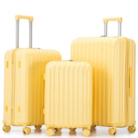 Merax 3 Luggage Sets, ABS Hardshell Suitcases Spinner Wheel with Combination Lock, Vertical Stripes Yellow, 20/24/28 Inch