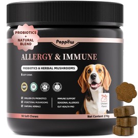 POPPAW Dog Allergy Chews, Probiotics for Dog Allergy Relief - Itchy Skin and Itchy Ears - Allergy Paw Relief - Seasonal Allergies & Immune Gut Health & Joint, Energy Support, Chicken Flavor - 90 Count